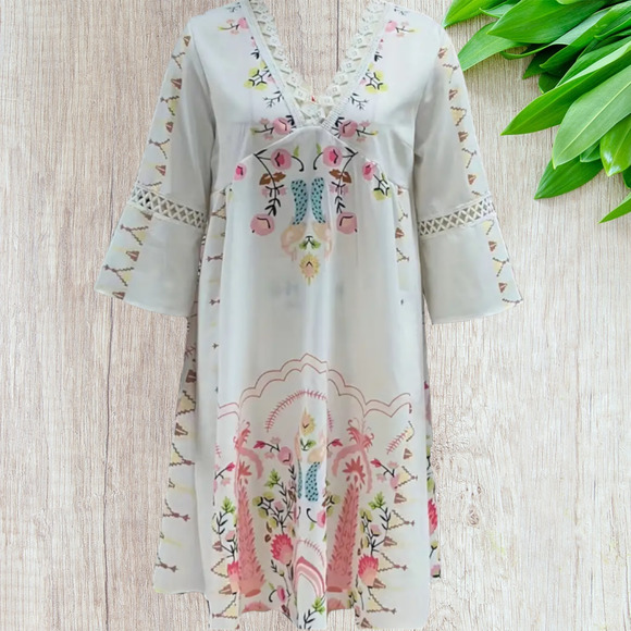 Boho Floral Lace V-Neck 3/4 Sleeve Mini Dress - Size Large - Picture 3 of 3